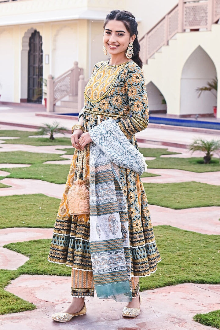 Surajmukhi Printed Yellow-Green Embroidered Flared Kurta With Pant & Dupatta