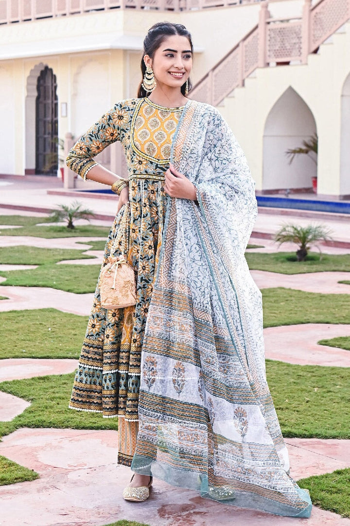 Surajmukhi Printed Yellow-Green Embroidered Flared Kurta With Pant & Dupatta