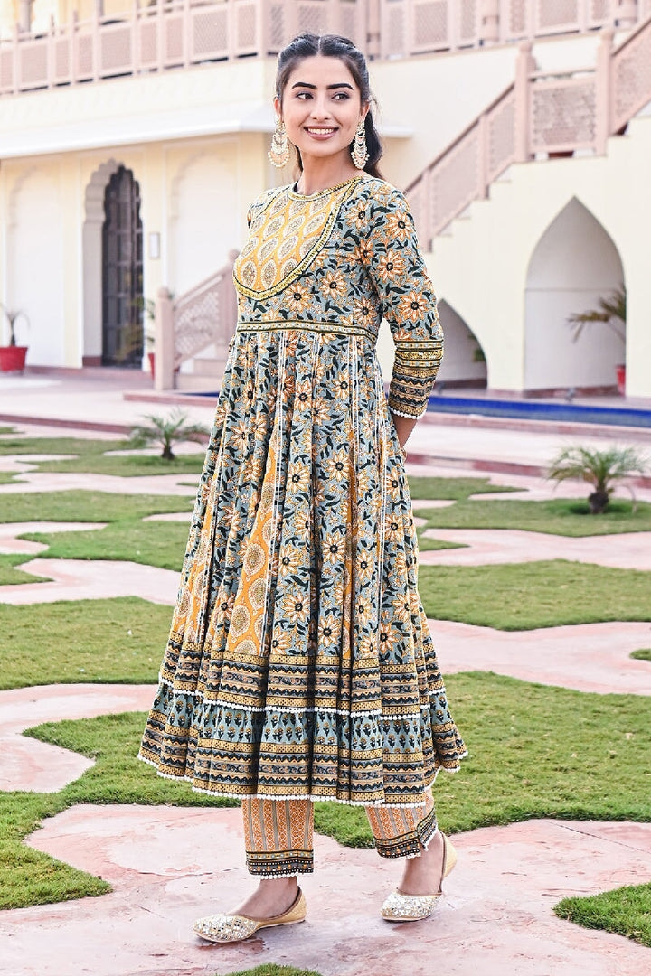 Surajmukhi Printed Yellow-Green Embroidered Flared Kurta With Pant & Dupatta