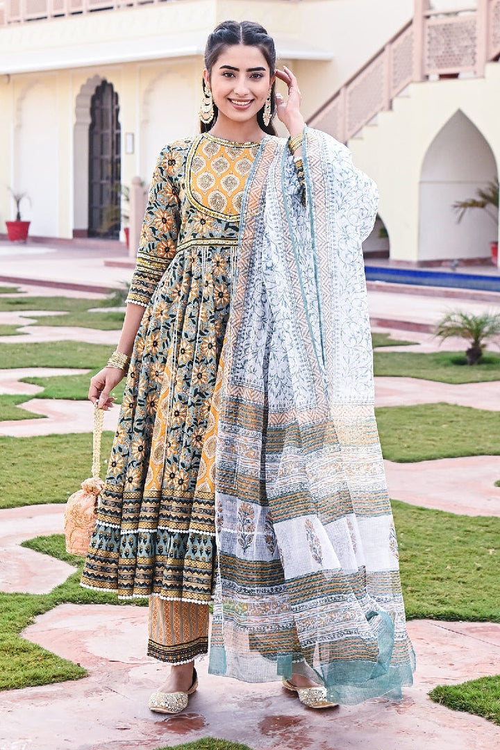 Surajmukhi Printed Yellow-Green Embroidered Flared Kurta With Pant & Dupatta