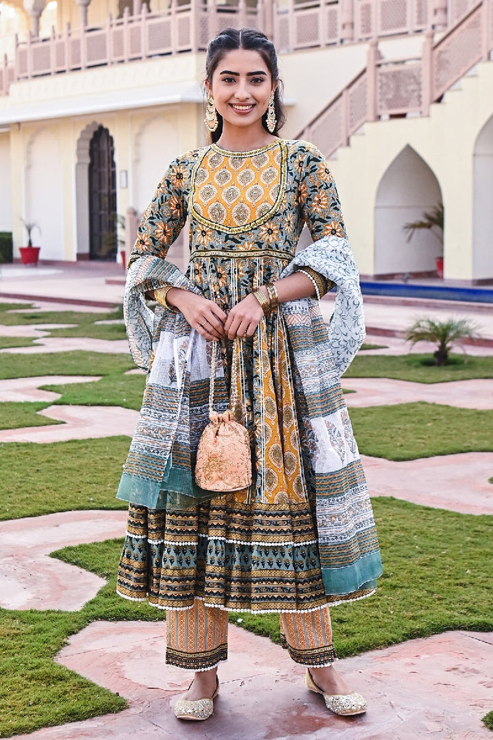 Surajmukhi Printed Yellow-Green Embroidered Flared Kurta With Pant & Dupatta