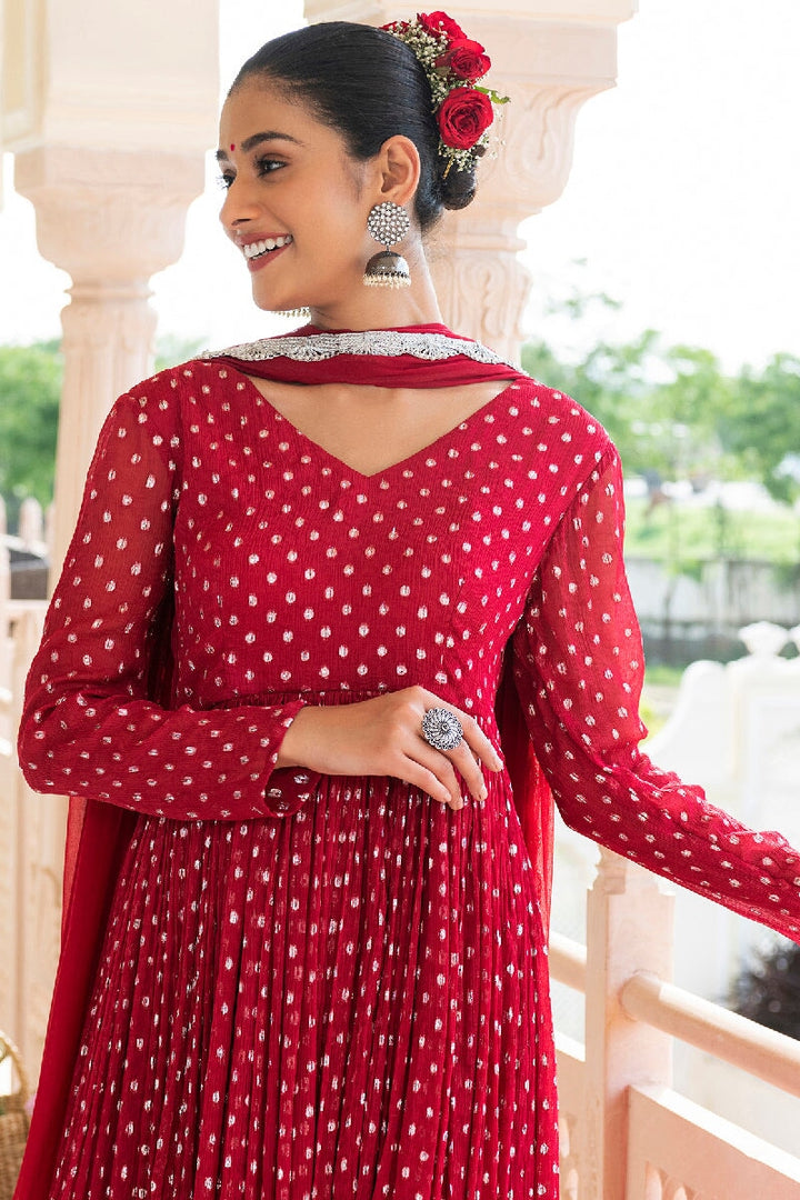 Trishika Red Lurex Flared Kurta With Pant & Dupatta