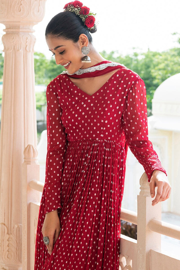 Trishika Red Lurex ausgestellte Kurta mit Hose und Dupatta