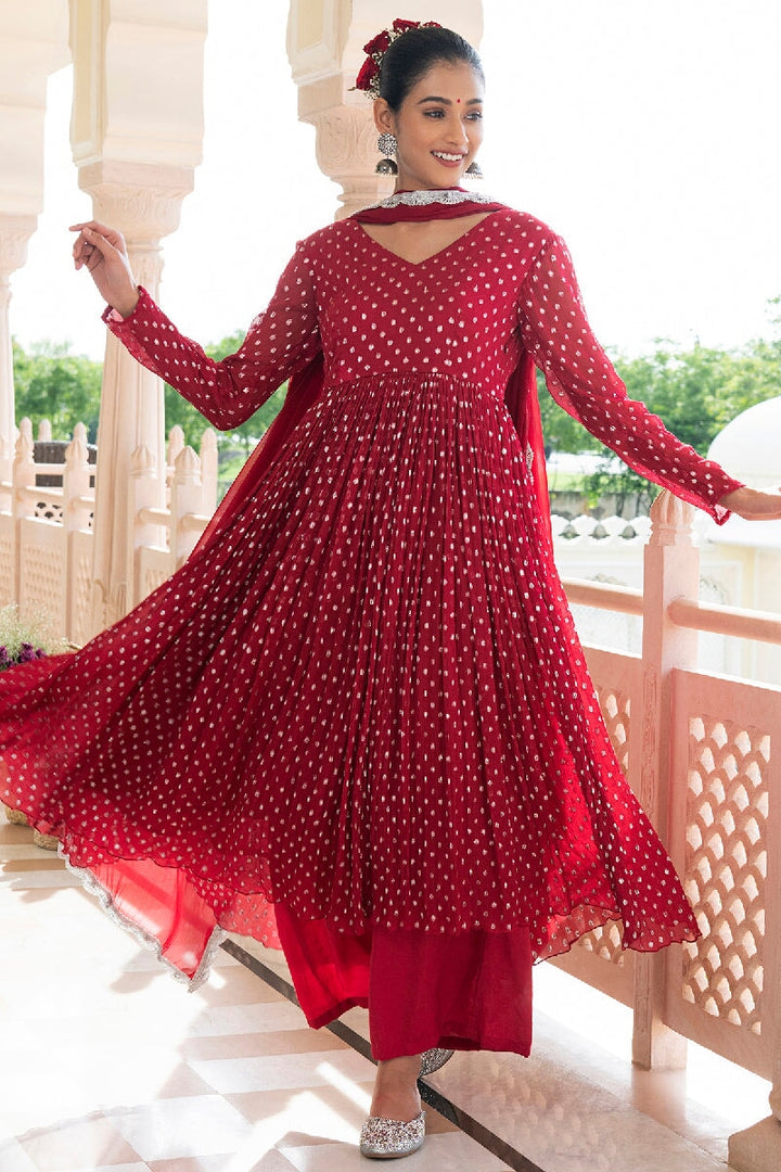 Trishika Red Lurex ausgestellte Kurta mit Hose und Dupatta