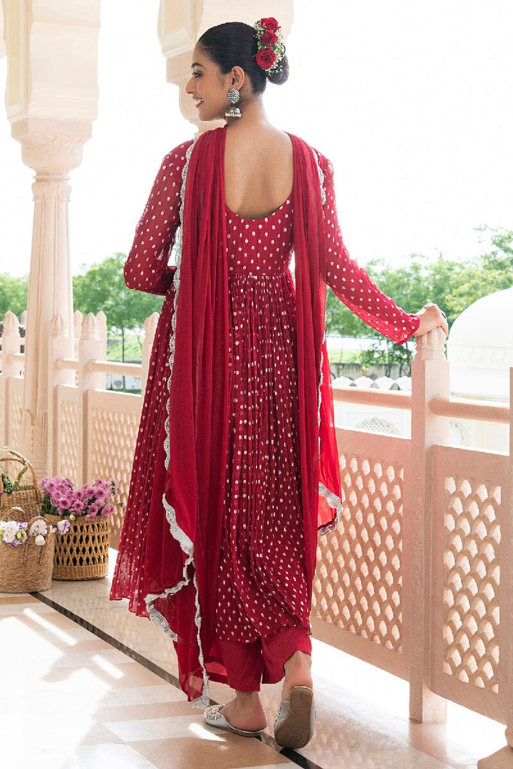 Trishika Red Lurex Flared Kurta With Pant & Dupatta