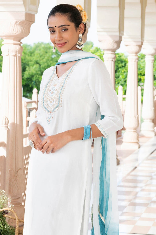 Turvi White Embroidered Straight Kurta With Pant & Dupatta