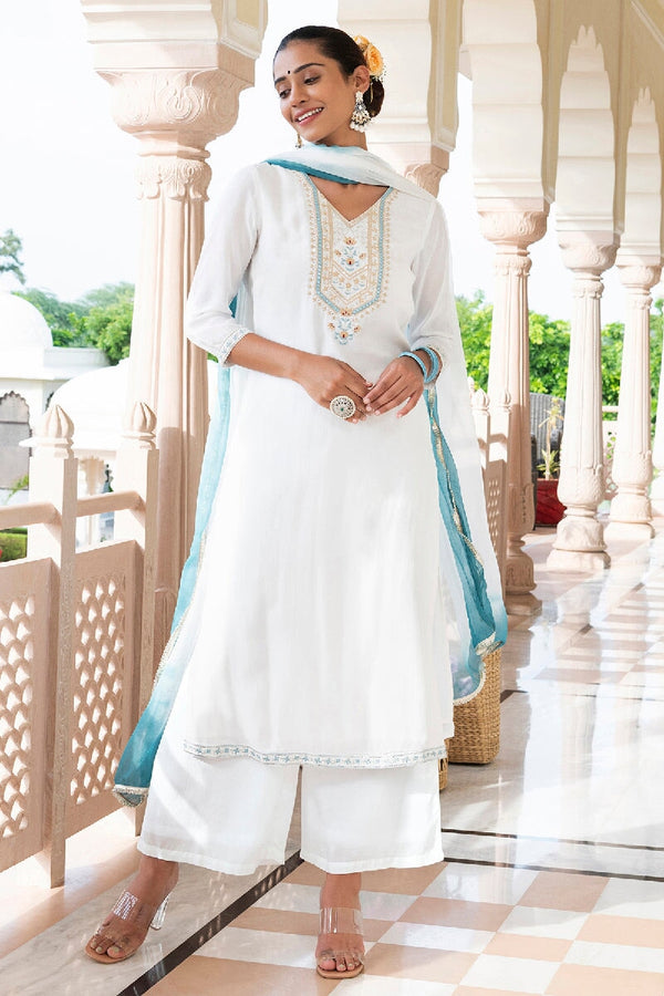 Turvi White Embroidered Straight Kurta With Pant & Dupatta