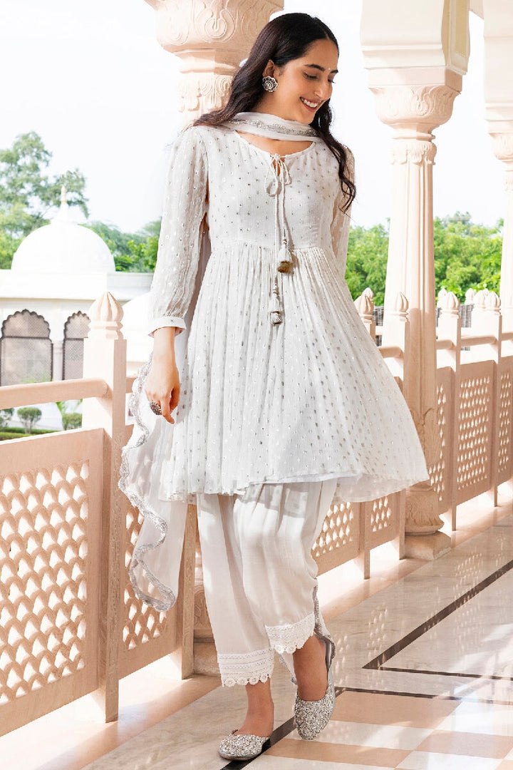 Zargul White Lurex Flared Kurta With Salwar & Dupatta