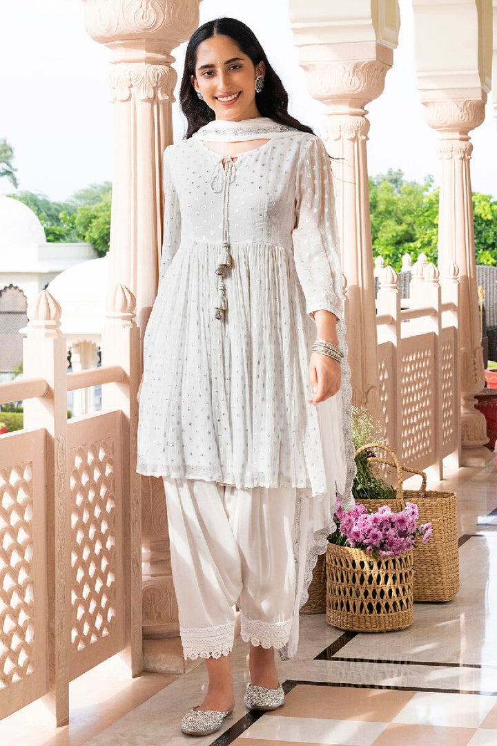 Zargul White Lurex Flared Kurta With Salwar & Dupatta