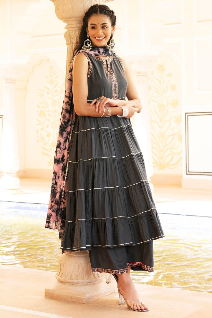 Zarin Grey Embroidered Tiered Kurta With Pant & Dupatta