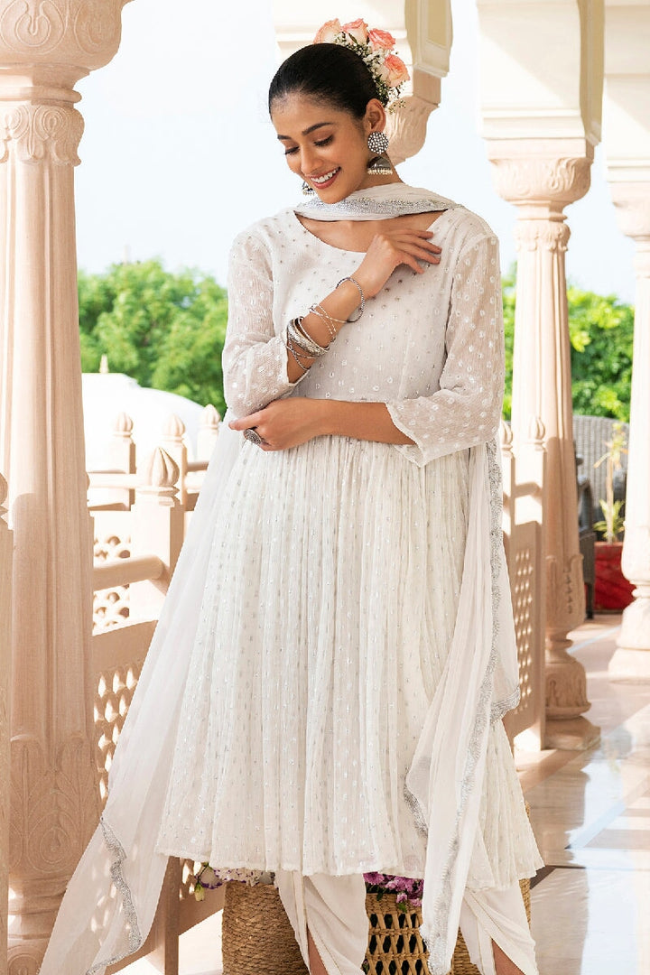 Zeenat Lurex Flared Kurta With Dhoti & Dupatta